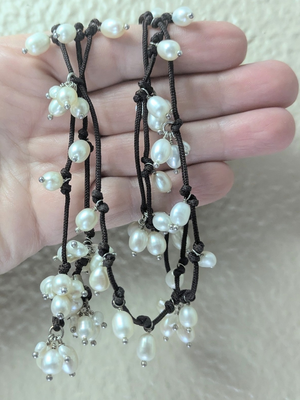 Sterling Silpada White Pearl Cluster Lariat on Dark Brown Cord Bohemian Style